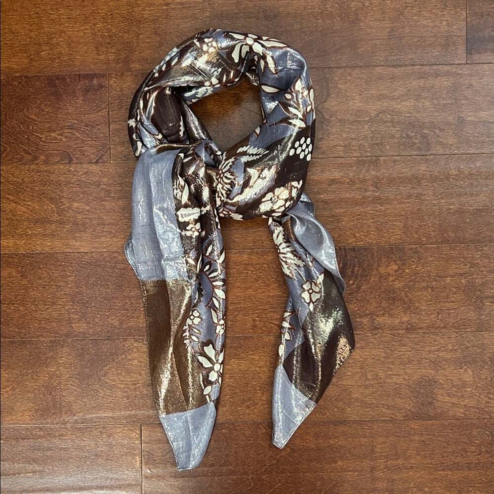 Lilac and Brown Luminescent Floral Scarf with Gorgeous Metallic Sheen